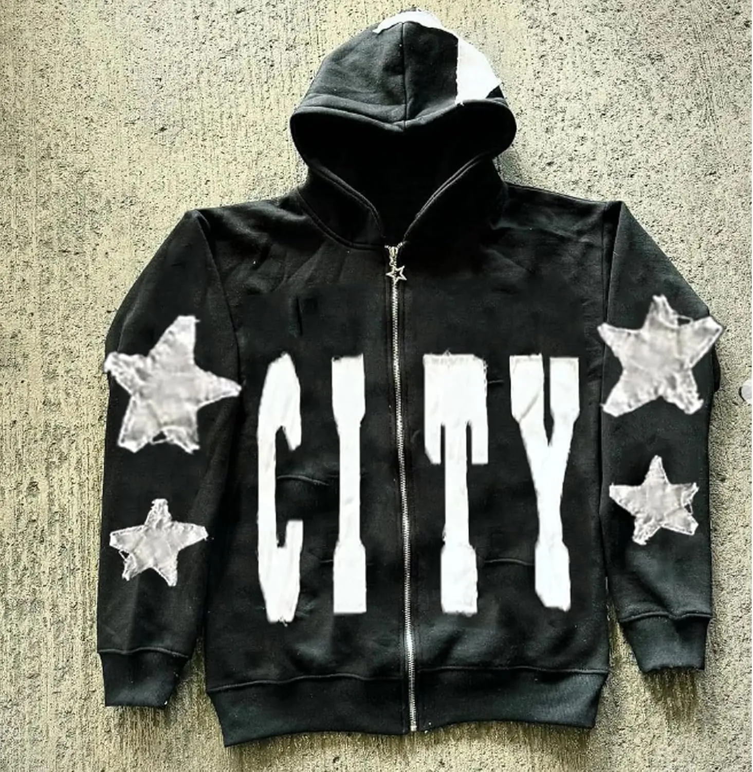 Meiweileya Y2k Oversized Zip Up Hoodie Men Vintage Star Graphic Print Jackets Teens Girl Grunge Aesthetic Streetwear Tops