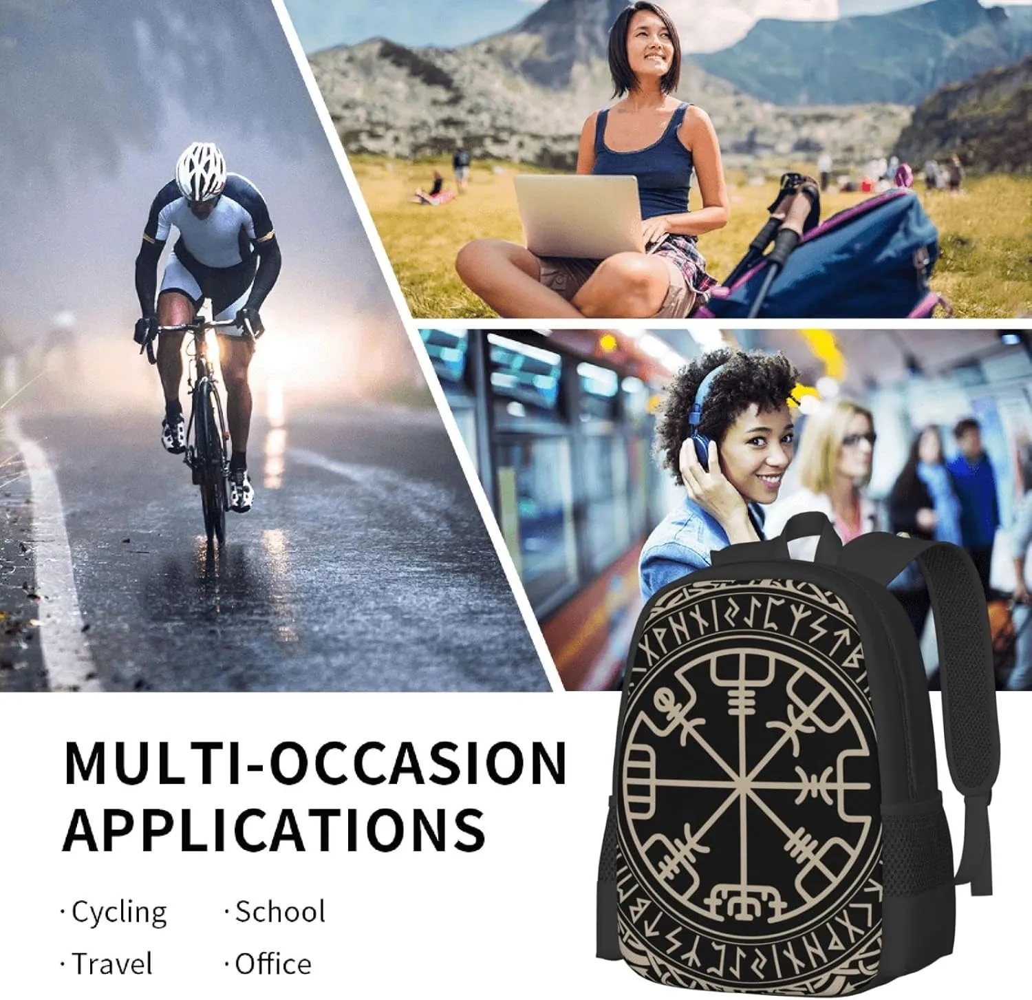 Men Women Laptops Backpack Large Capacity Computer Bag - for Black Celtic Viking Design Magical Runic Compass Vegvisir In The Circle Of Norse Runes And Dragons Tattoo Decorative