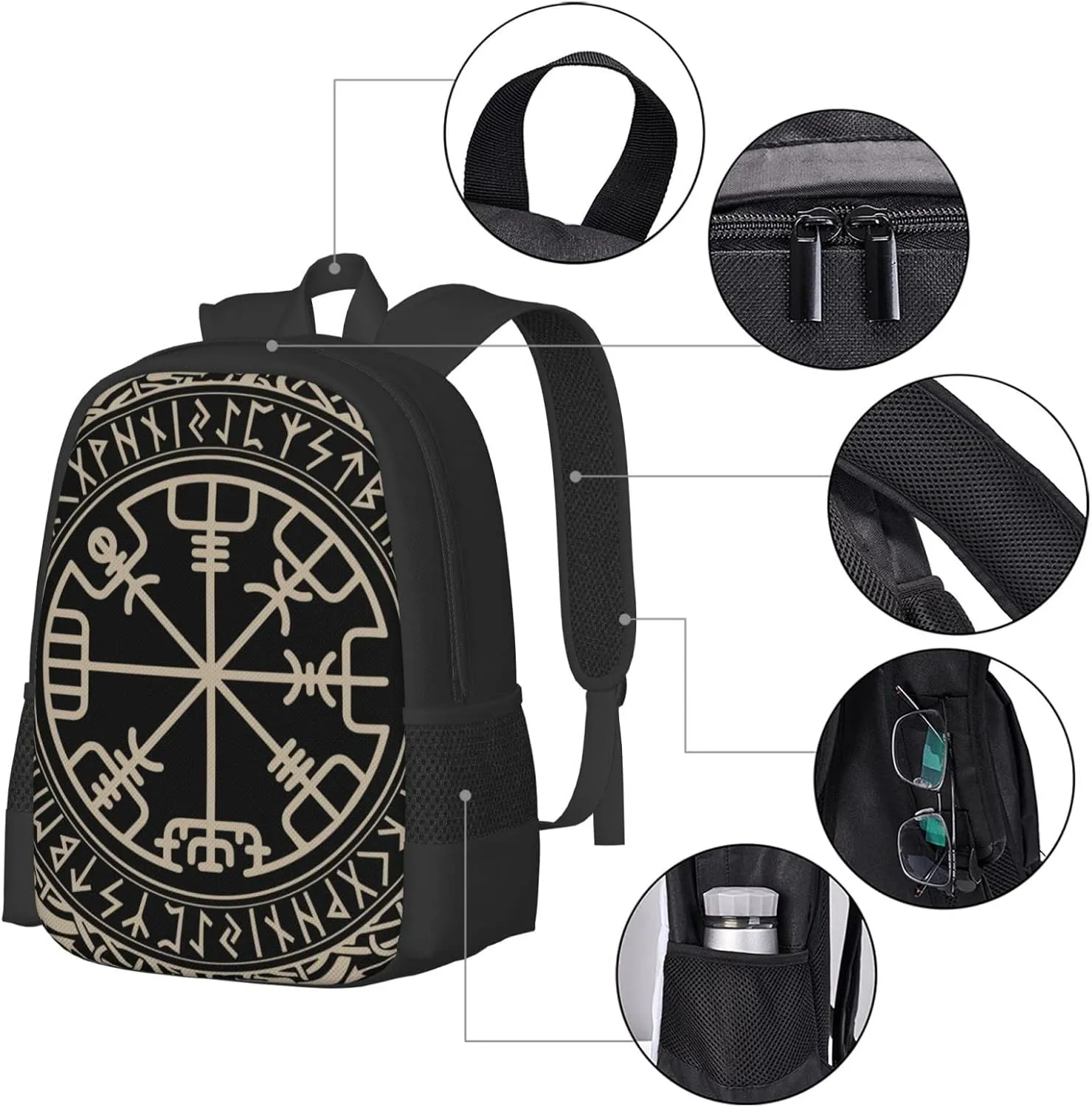 Men Women Laptops Backpack Large Capacity Computer Bag - for Black Celtic Viking Design Magical Runic Compass Vegvisir In The Circle Of Norse Runes And Dragons Tattoo Decorative