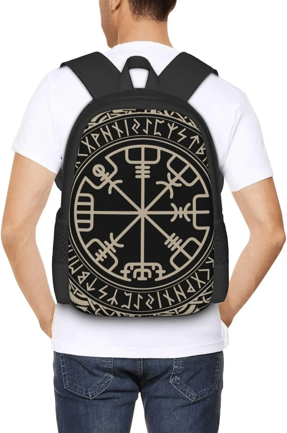 Men Women Laptops Backpack Large Capacity Computer Bag - for Black Celtic Viking Design Magical Runic Compass Vegvisir In The Circle Of Norse Runes And Dragons Tattoo Decorative