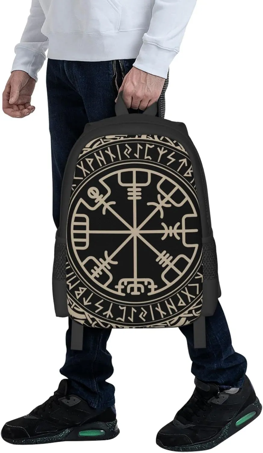 Men Women Laptops Backpack Large Capacity Computer Bag - for Black Celtic Viking Design Magical Runic Compass Vegvisir In The Circle Of Norse Runes And Dragons Tattoo Decorative