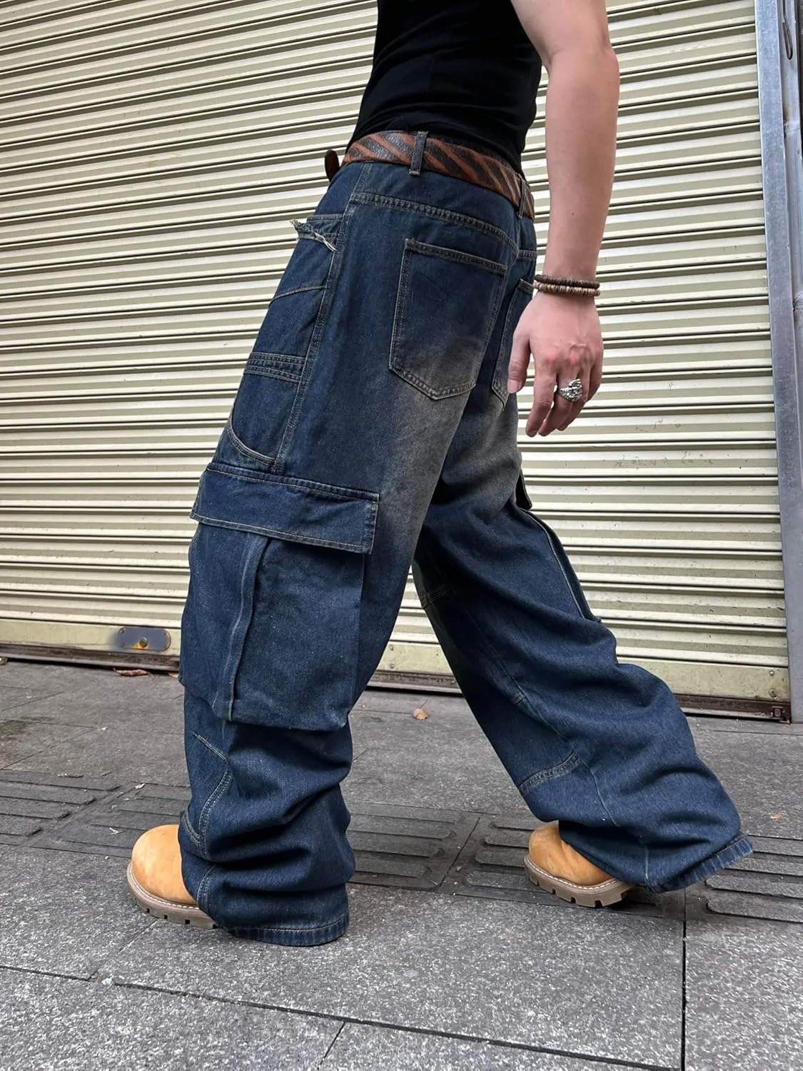 Mens Baggy Jeans with Cargo Pockets Goth Steampunk Y2k Wide Leg Denim Pants Skater Streetwear
