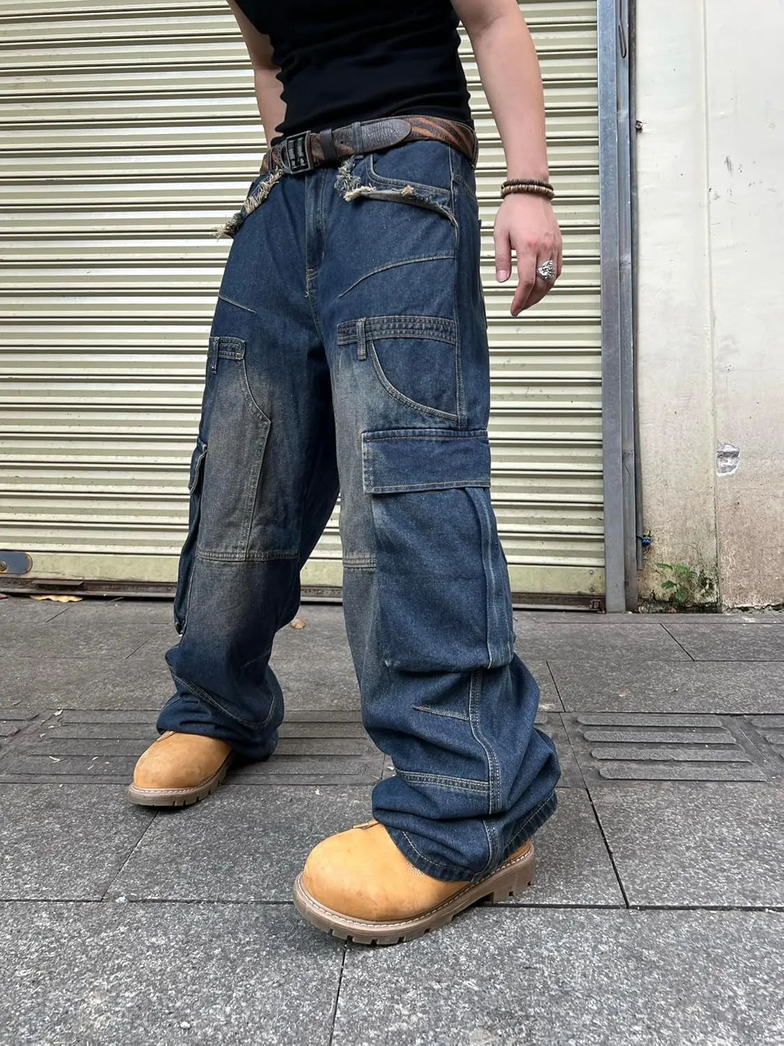 Mens Baggy Jeans with Cargo Pockets Goth Steampunk Y2k Wide Leg Denim Pants Skater Streetwear
