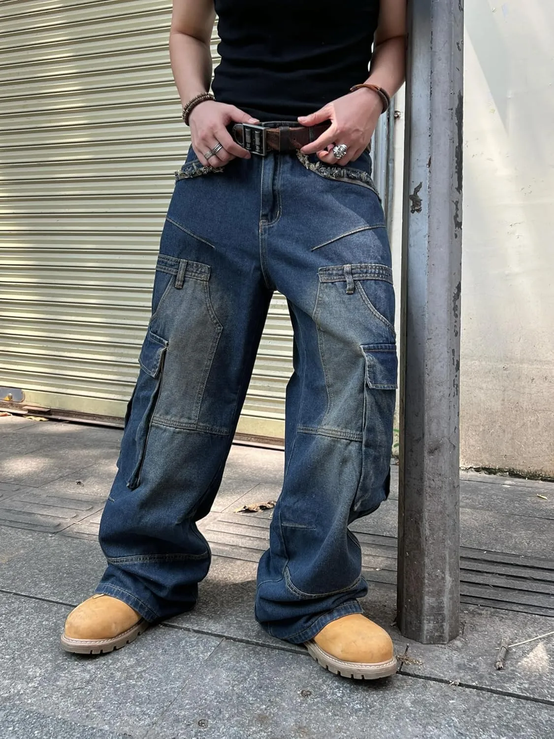 Mens Baggy Jeans with Cargo Pockets Goth Steampunk Y2k Wide Leg Denim Pants Skater Streetwear