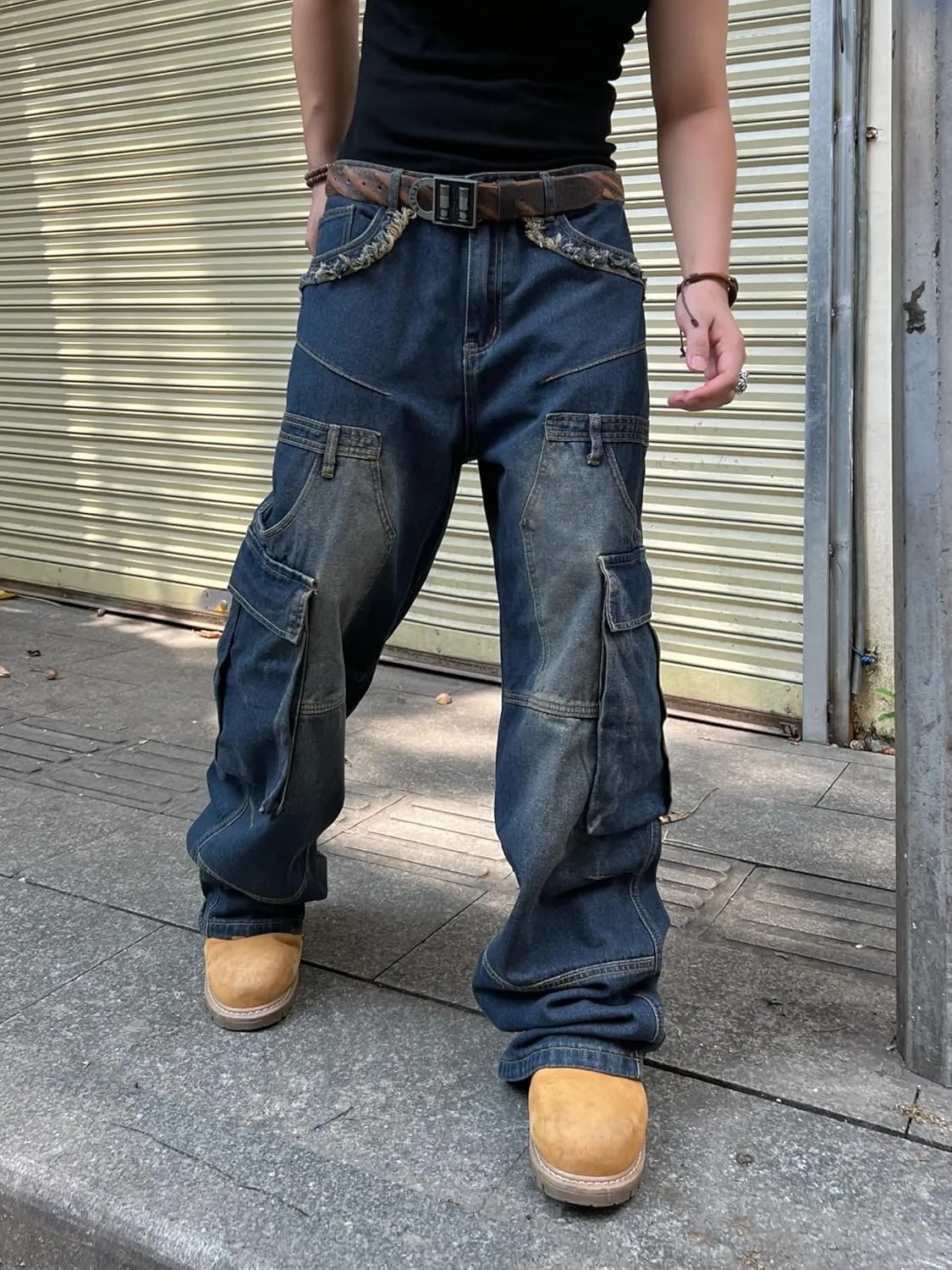 Mens Baggy Jeans with Cargo Pockets Goth Steampunk Y2k Wide Leg Denim Pants Skater Streetwear