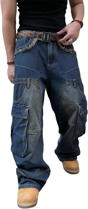 Mens Baggy Jeans with Cargo Pockets Goth Steampunk Y2k Wide Leg Denim Pants Skater Streetwear
