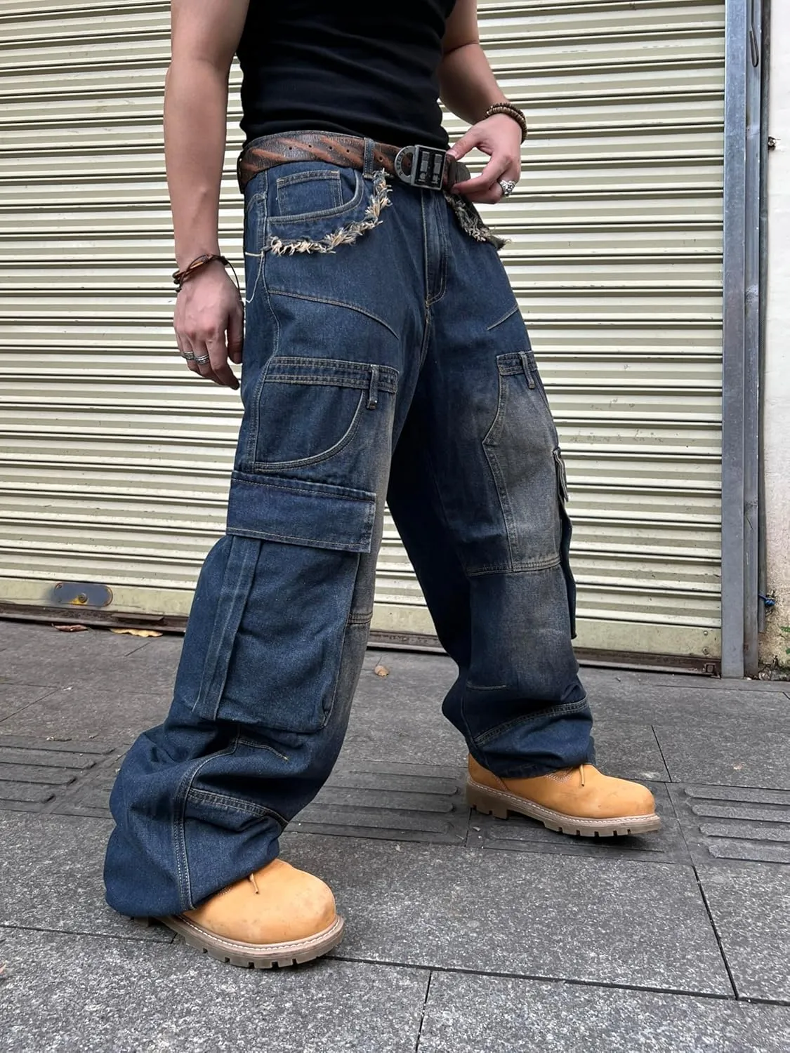 Mens Baggy Jeans with Cargo Pockets Goth Steampunk Y2k Wide Leg Denim Pants Skater Streetwear