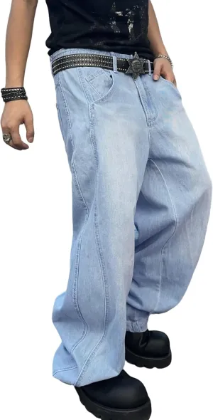 Mens Irregular Sutures Baggy Jeans with Angled Pocket Y2k Hip Hop Wide Leg Denim Pants