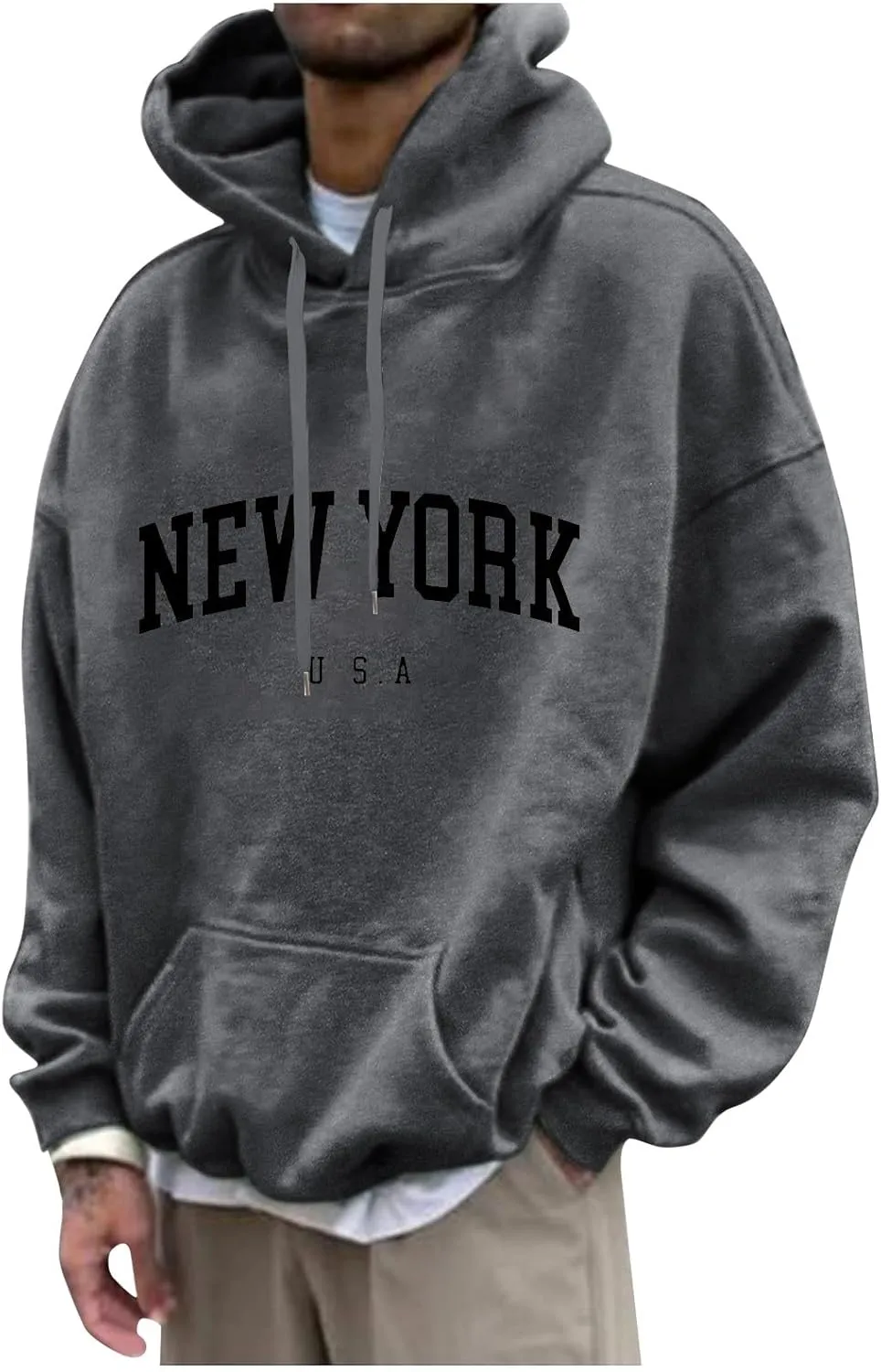 Mens Oversized Letter Print Hoodies Long Sleeve Casual Graphic Sweatshirt New York Drawstring Pullover with Pocket
