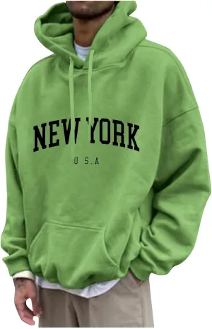 Mens Oversized Letter Print Hoodies Long Sleeve Casual Graphic Sweatshirt New York Drawstring Pullover with Pocket