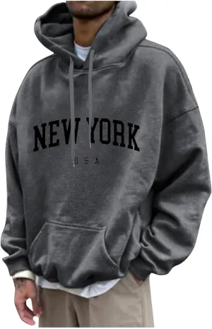 Mens Oversized Letter Print Hoodies Long Sleeve Casual Graphic Sweatshirt New York Drawstring Pullover with Pocket