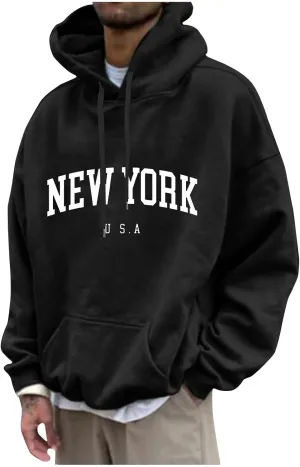Mens Oversized Letter Print Hoodies Long Sleeve Casual Graphic Sweatshirt New York Drawstring Pullover with Pocket
