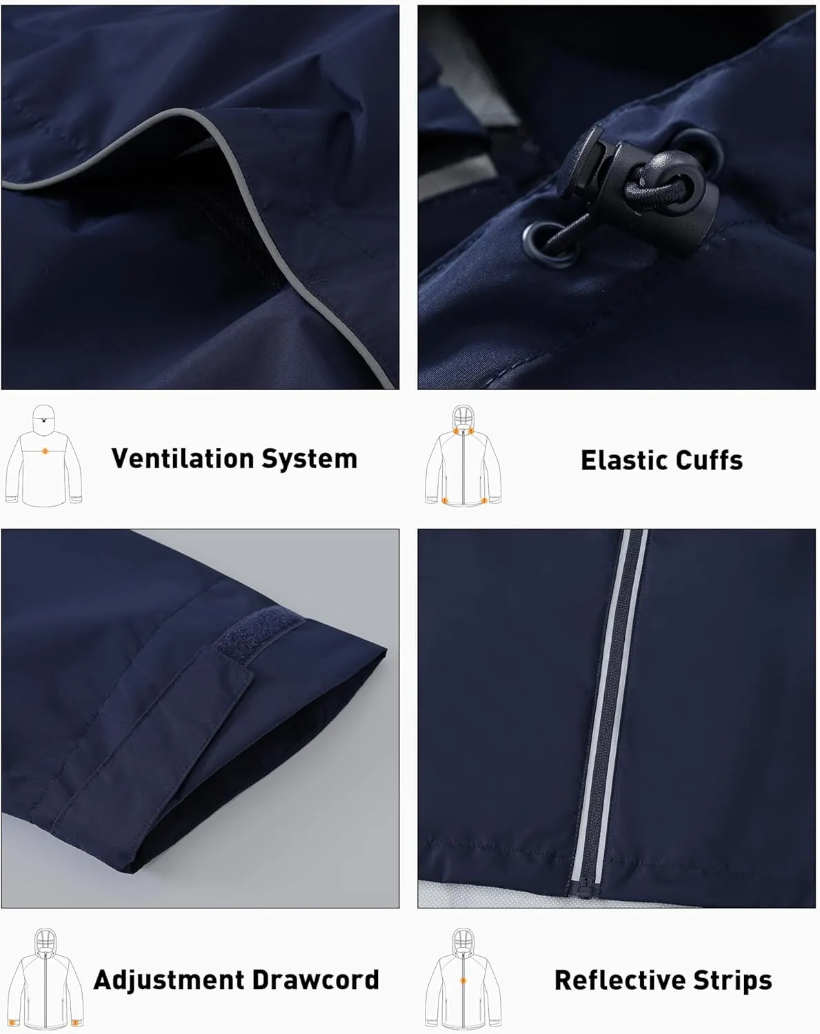 Men's Packable Rain Jackets Lightweight Waterproof Reflective Windbreaker Coat with Hood Cycling Running Golf