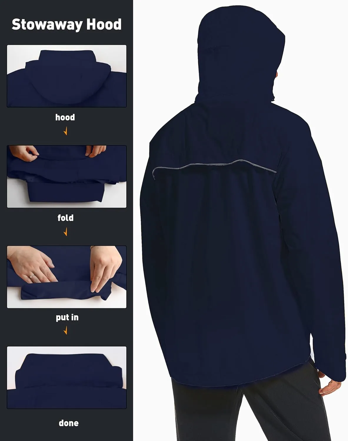 Men's Packable Rain Jackets Lightweight Waterproof Reflective Windbreaker Coat with Hood Cycling Running Golf