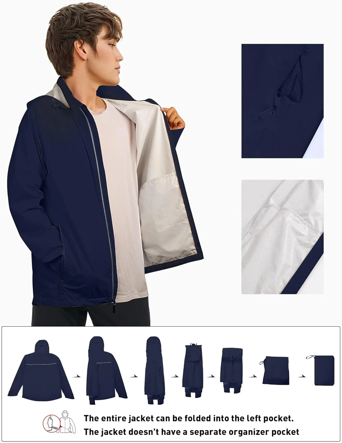Men's Packable Rain Jackets Lightweight Waterproof Reflective Windbreaker Coat with Hood Cycling Running Golf