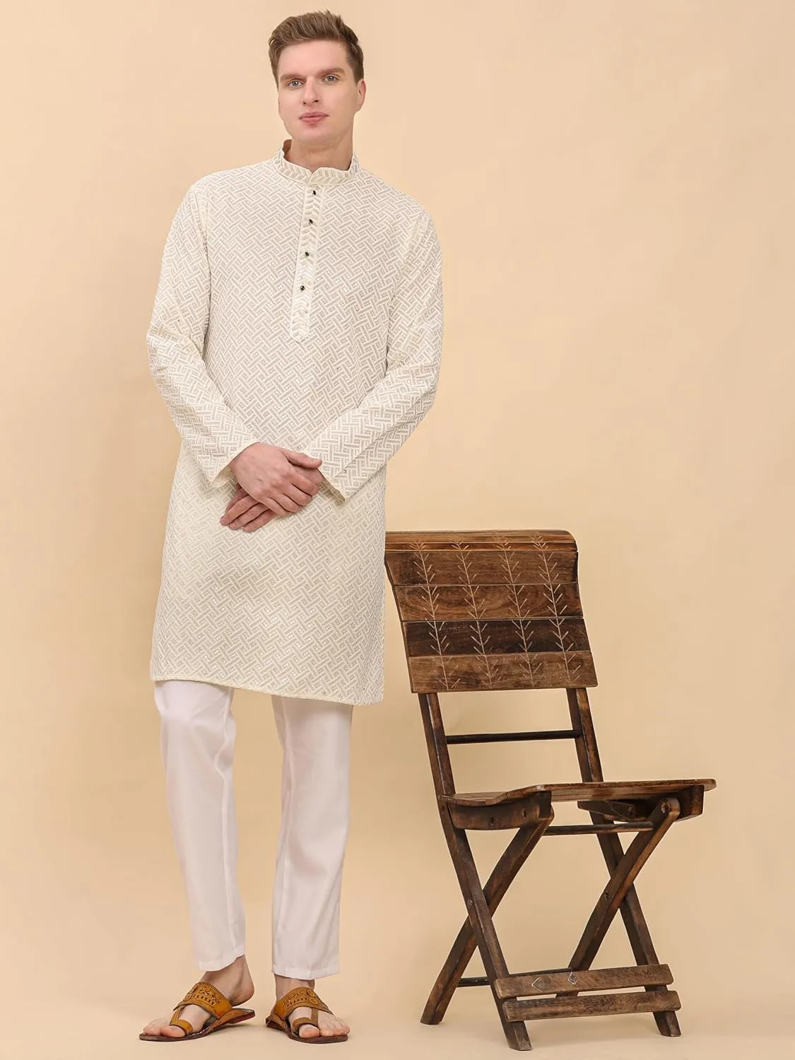 Men's Pure Cotton Sequined Embroidred Kurta | Traditional Indian Festive Kurta (A-126)