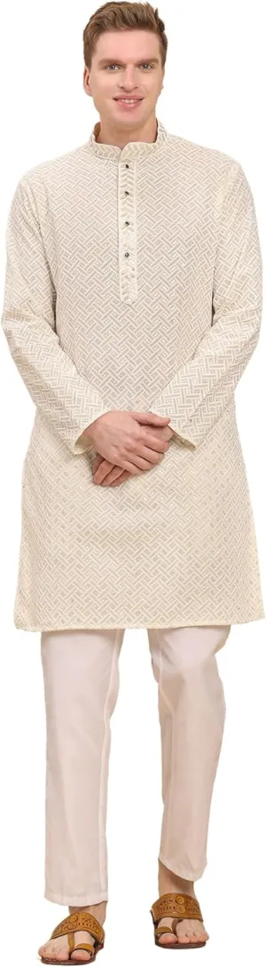 Men's Pure Cotton Sequined Embroidred Kurta | Traditional Indian Festive Kurta (A-126)