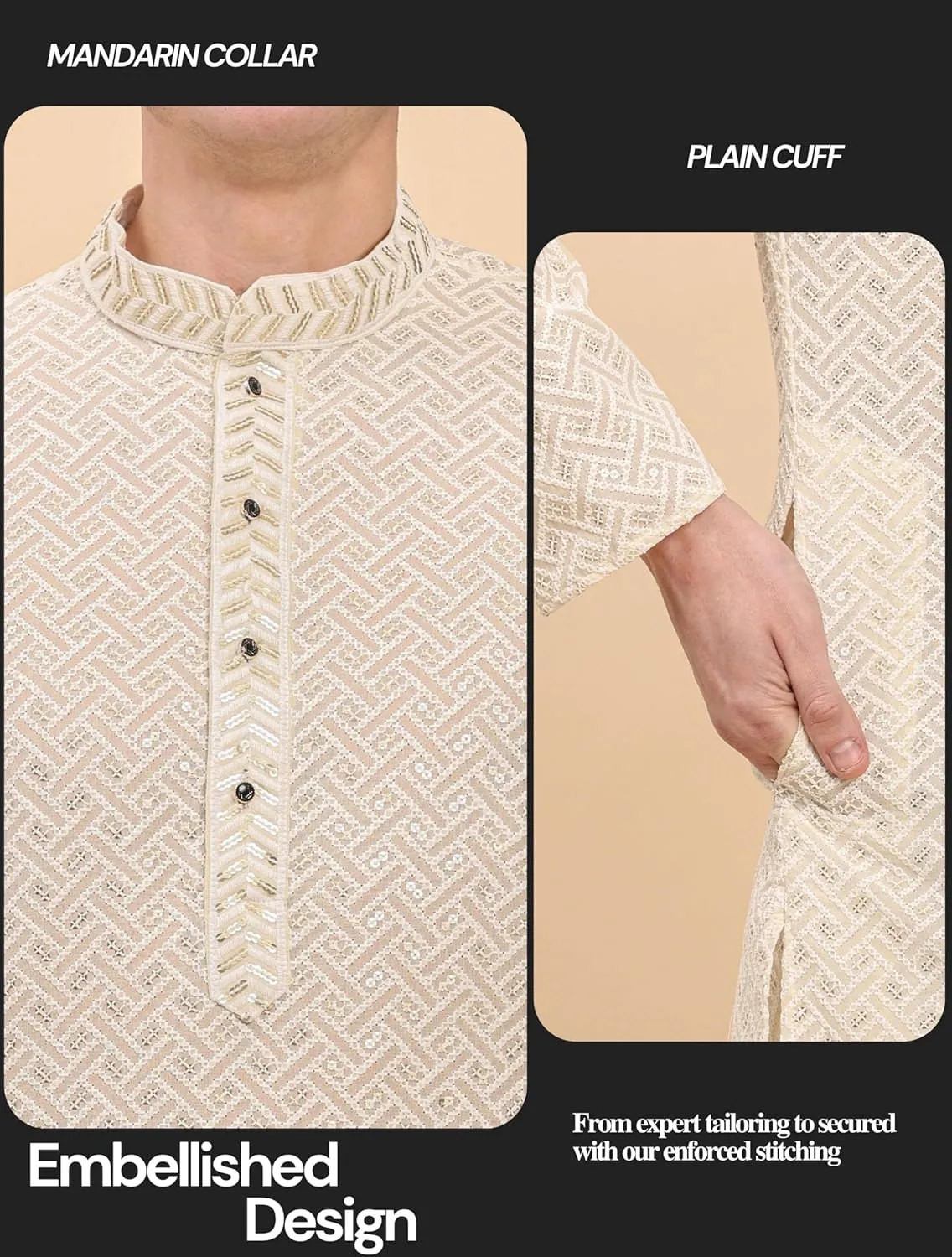 Men's Pure Cotton Sequined Embroidred Kurta | Traditional Indian Festive Kurta (A-126)