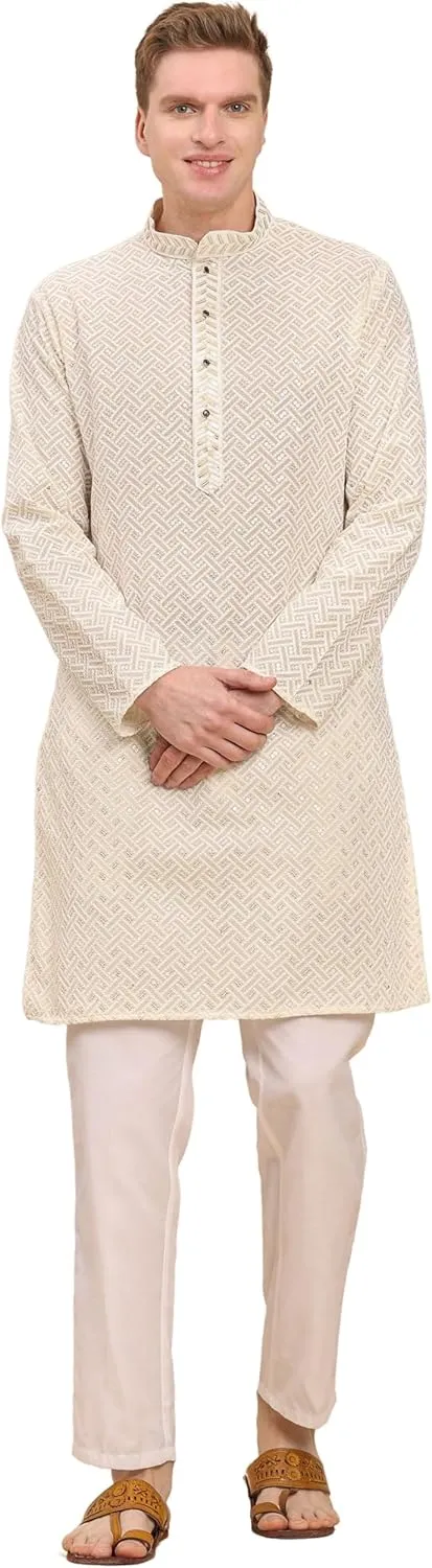 Men's Pure Cotton Sequined Embroidred Kurta | Traditional Indian Festive Kurta (A-126)