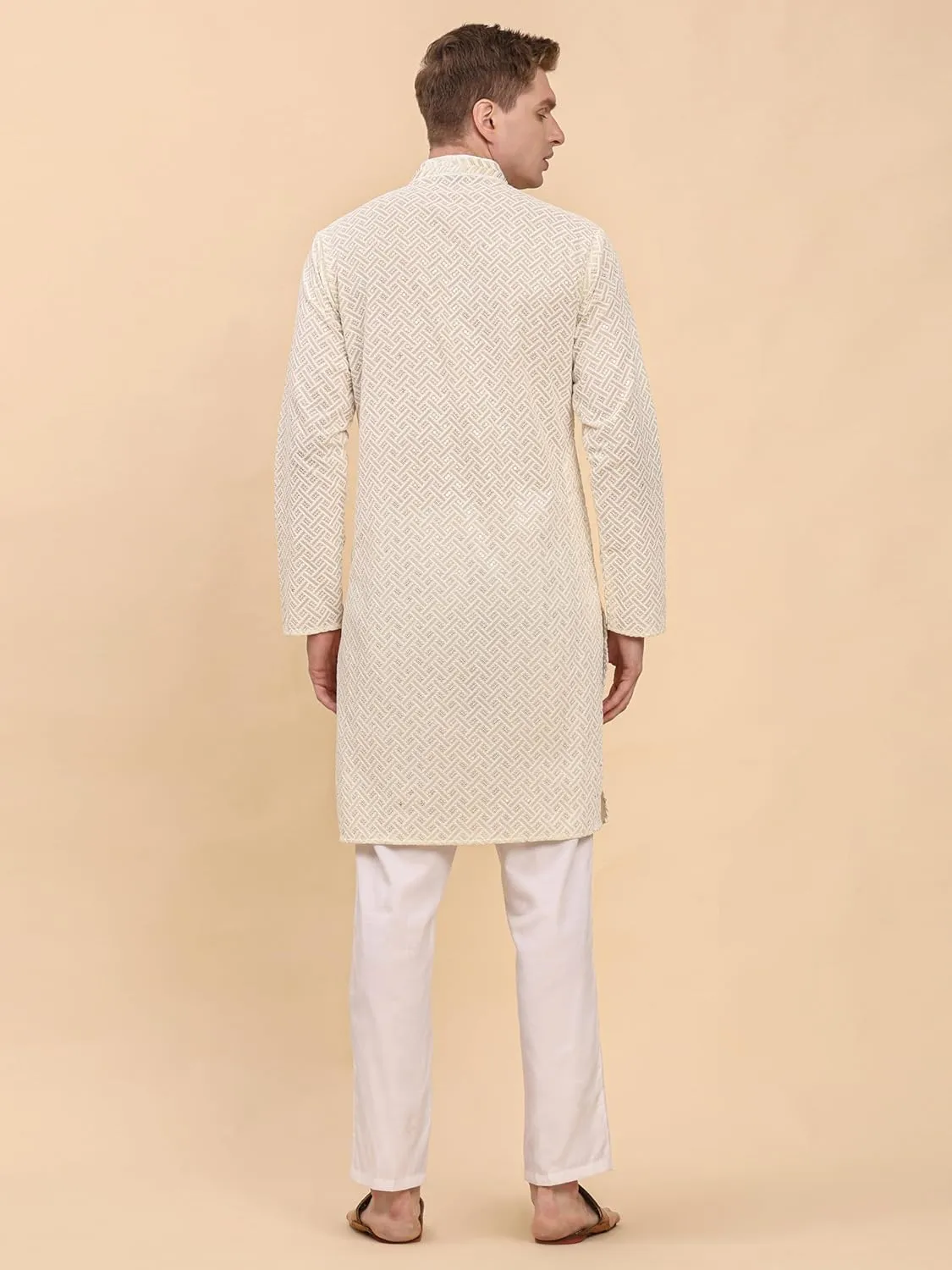 Men's Pure Cotton Sequined Embroidred Kurta | Traditional Indian Festive Kurta (A-126)