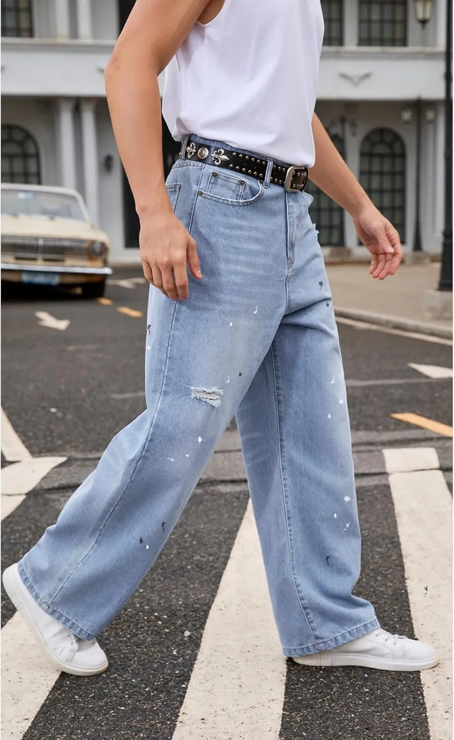 Men's Ripped Baggy Jeans Hip Hop Loose Fit Distressed Denim Pants Wide Leg Streetwear Trousers