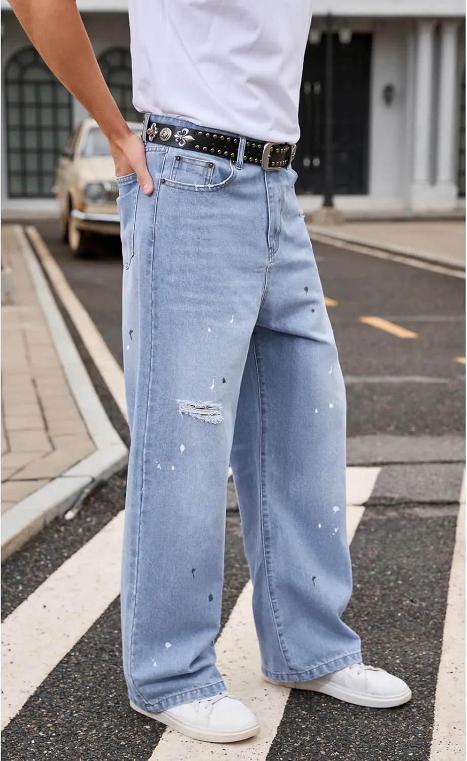 Men's Ripped Baggy Jeans Hip Hop Loose Fit Distressed Denim Pants Wide Leg Streetwear Trousers