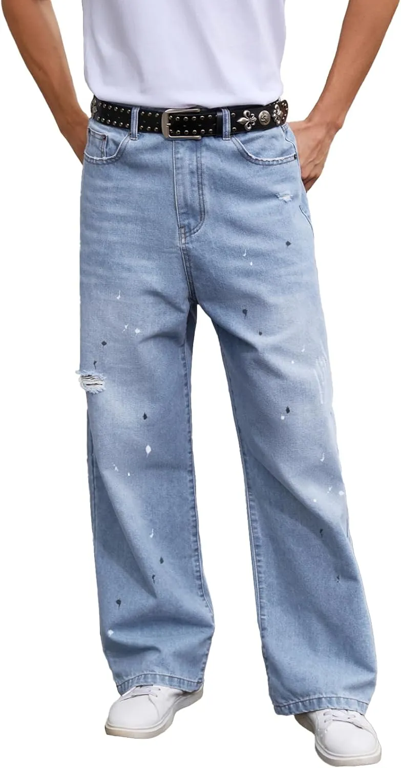 Men's Ripped Baggy Jeans Hip Hop Loose Fit Distressed Denim Pants Wide Leg Streetwear Trousers