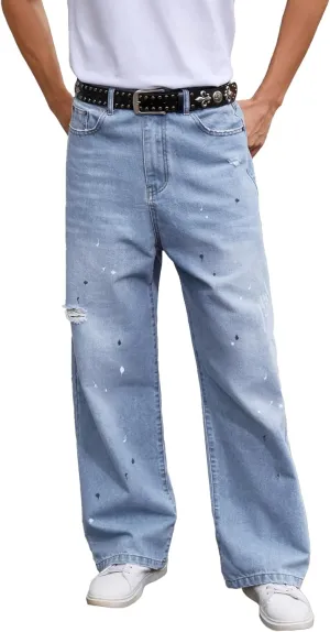 Men's Ripped Baggy Jeans Hip Hop Loose Fit Distressed Denim Pants Wide Leg Streetwear Trousers