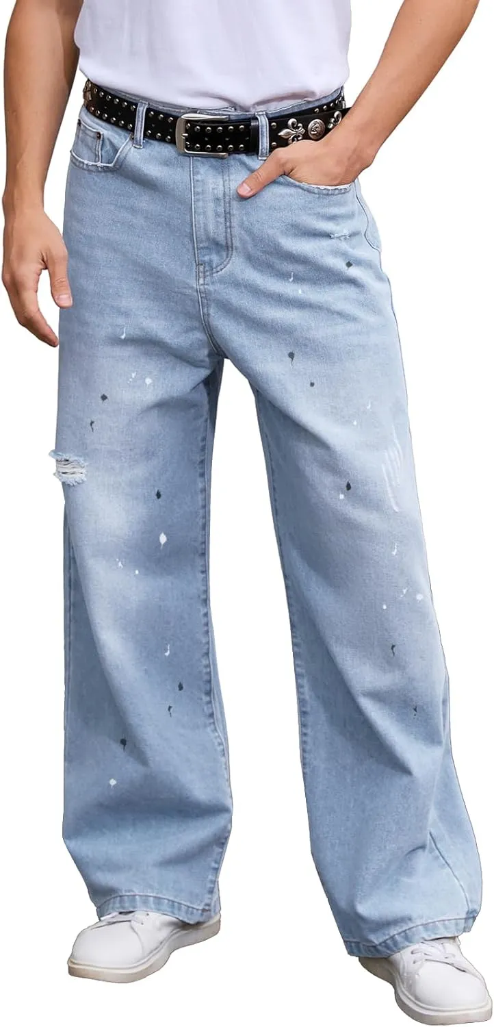 Men's Ripped Baggy Jeans Hip Hop Loose Fit Distressed Denim Pants Wide Leg Streetwear Trousers