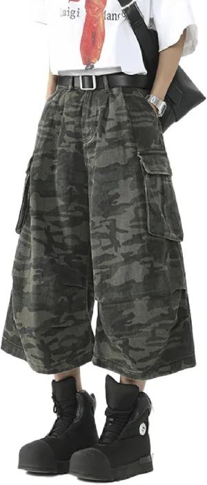 Men's Teen Y2K Jorts Baggy Camo Cargo Jean Shorts Wide Leg Loose Fit Grunge Streetwear Hip Hop Jnco Shorts