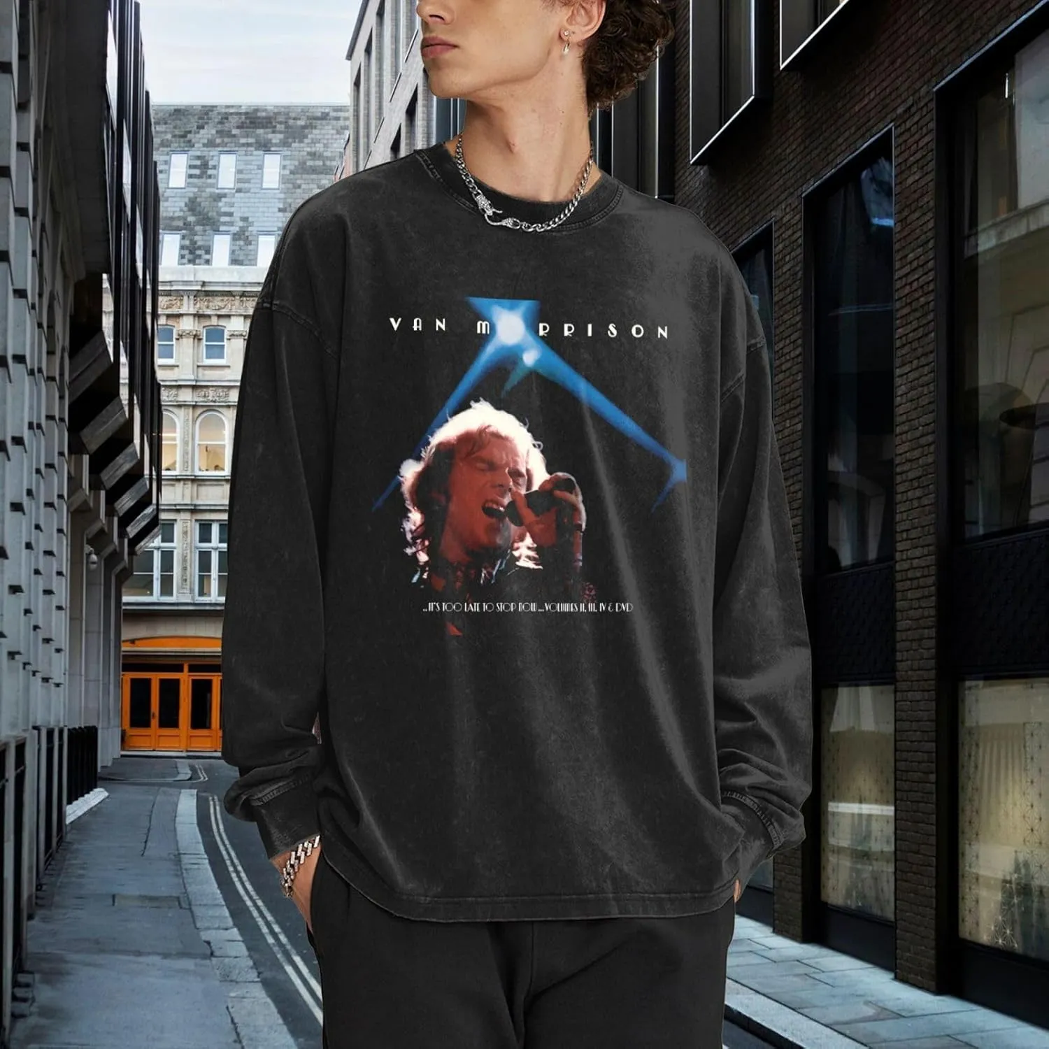 Men's Vintage Oversized T Shirt Casual Unisex Round Neckline Cotton Tshirt Long Sleeved Tee