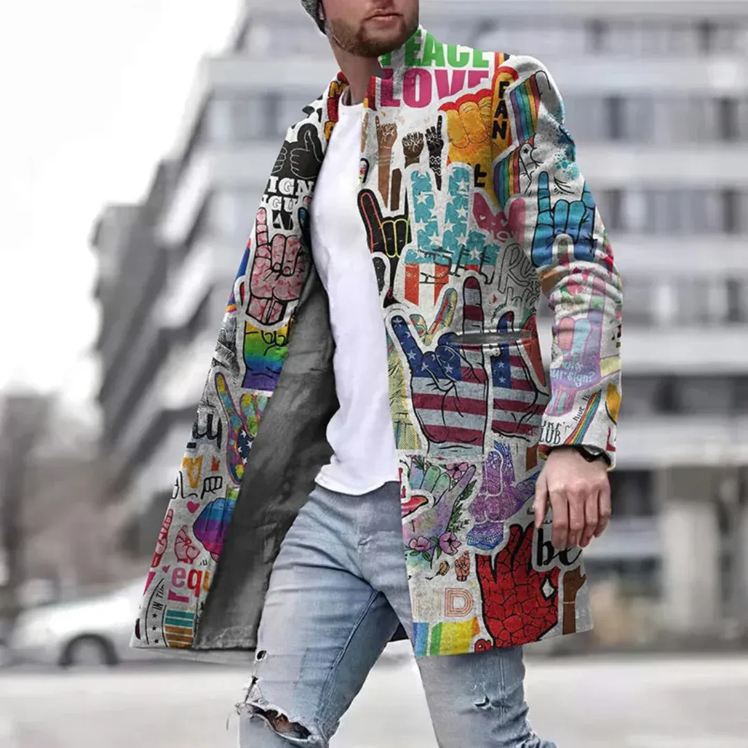 Men's Winter Warm Graffiti Print Coat | Long