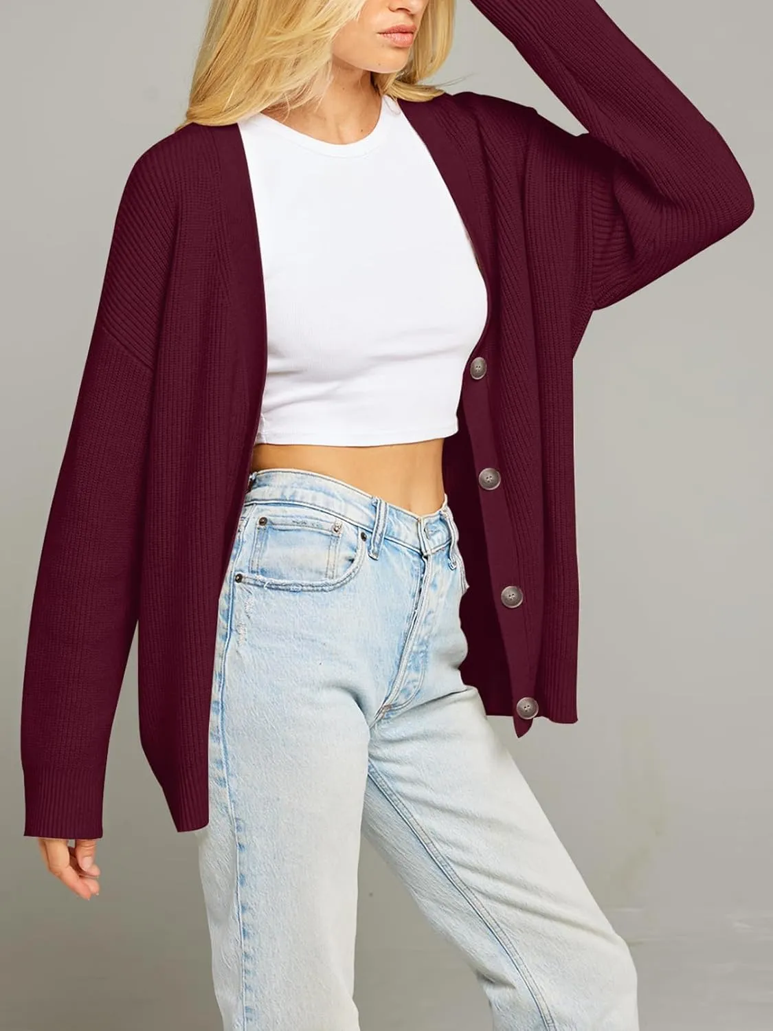 MEROKEETY Women's Cardigan Sweaters 2024 Fall Open Front Oversized Button V Neck Loose Soft Knit Outwear