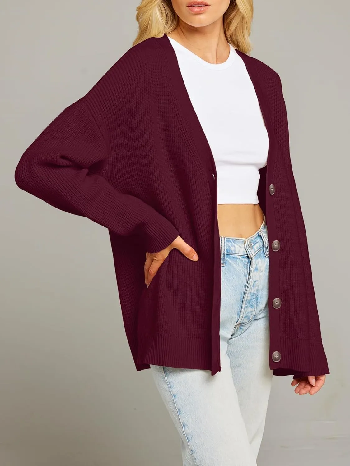 MEROKEETY Women's Cardigan Sweaters 2024 Fall Open Front Oversized Button V Neck Loose Soft Knit Outwear