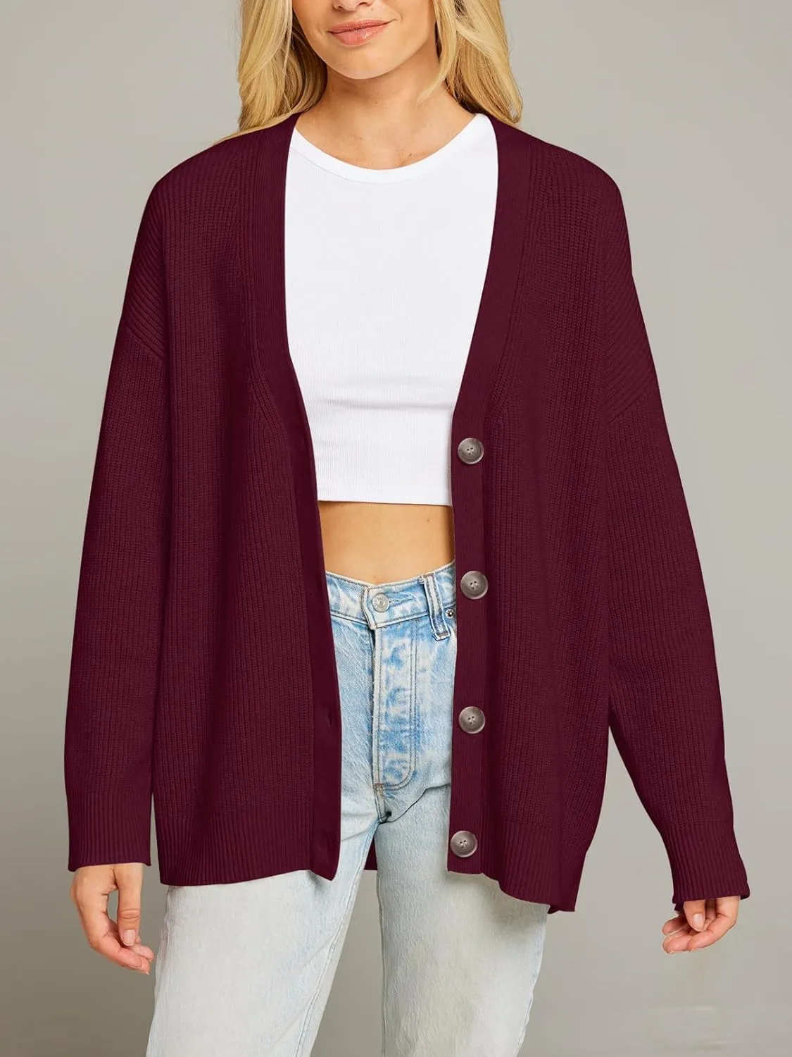 MEROKEETY Women's Cardigan Sweaters 2024 Fall Open Front Oversized Button V Neck Loose Soft Knit Outwear