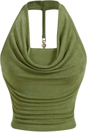 Milumia Women Ruched Halter Y2k Crop Tops Backless Cowl Neck Sleeveless Shirts