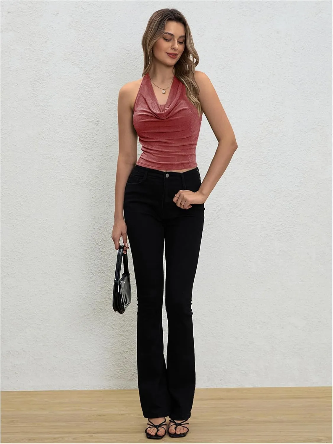 Milumia Women Ruched Halter Y2k Crop Tops Backless Cowl Neck Sleeveless Shirts