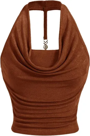 Milumia Women Ruched Halter Y2k Crop Tops Backless Cowl Neck Sleeveless Shirts