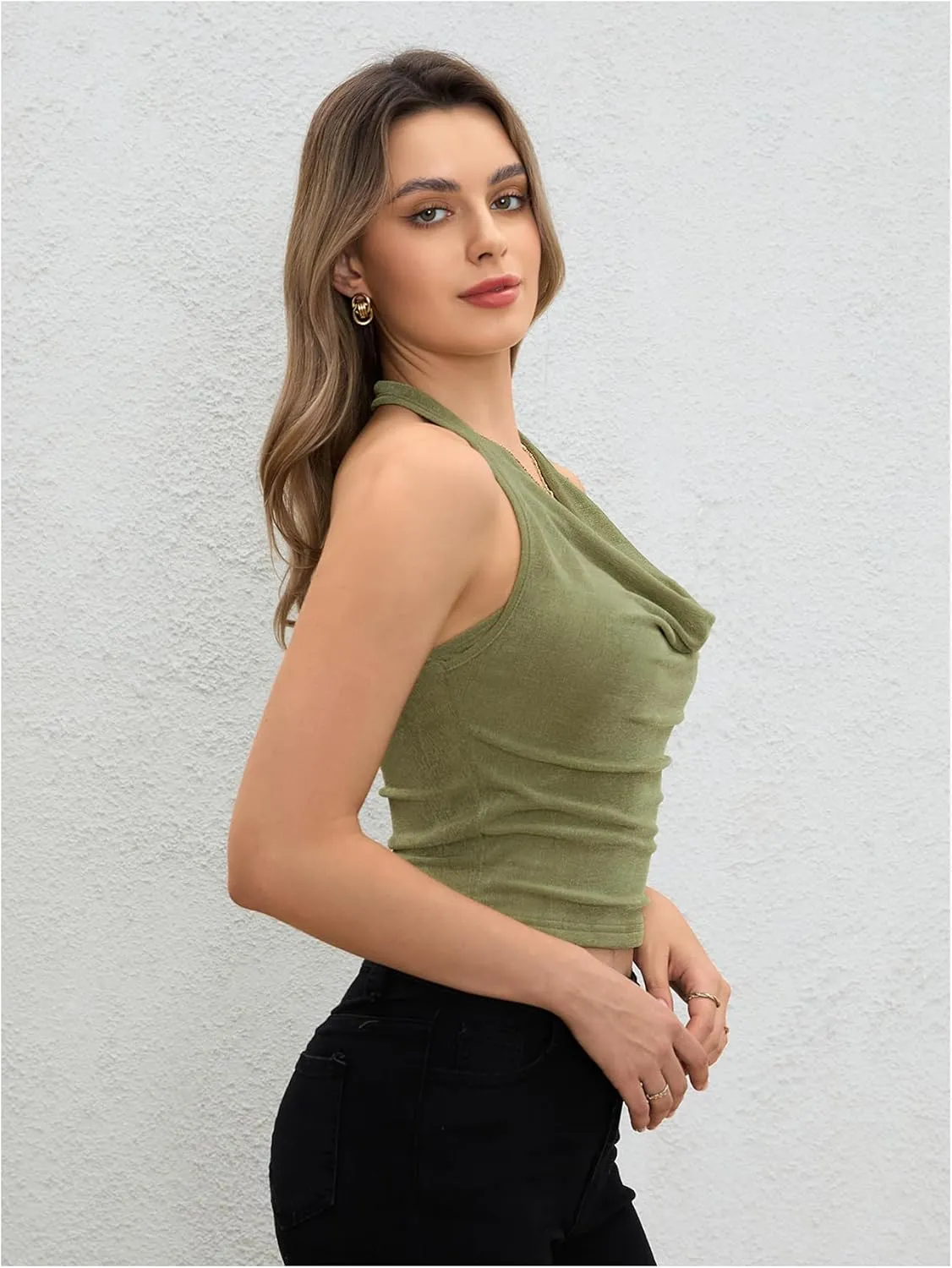 Milumia Women Ruched Halter Y2k Crop Tops Backless Cowl Neck Sleeveless Shirts