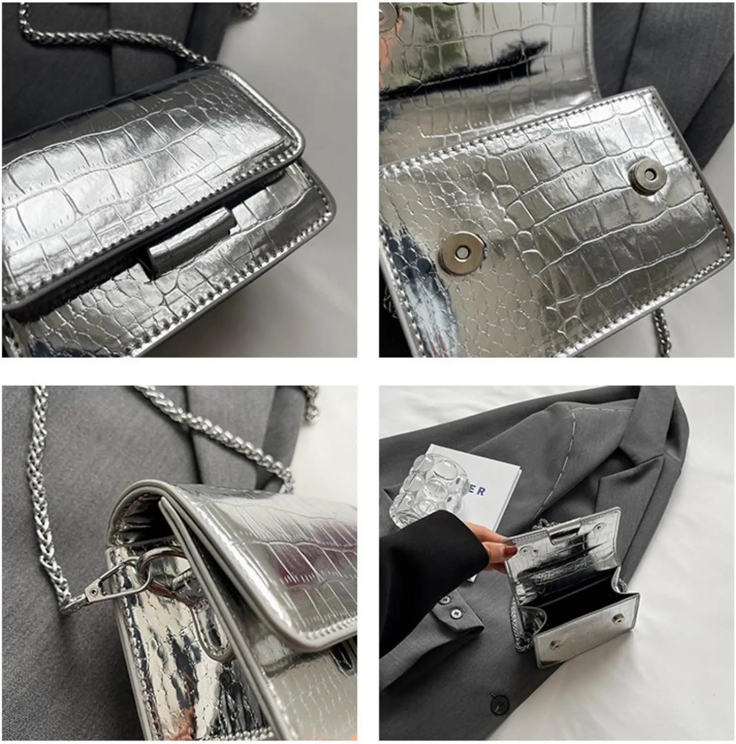 Mini Crossbody Bags for Women, Y2k Cute Croc-Embossed Purse Fashion Small Square Evening Handbag with Chain Strap