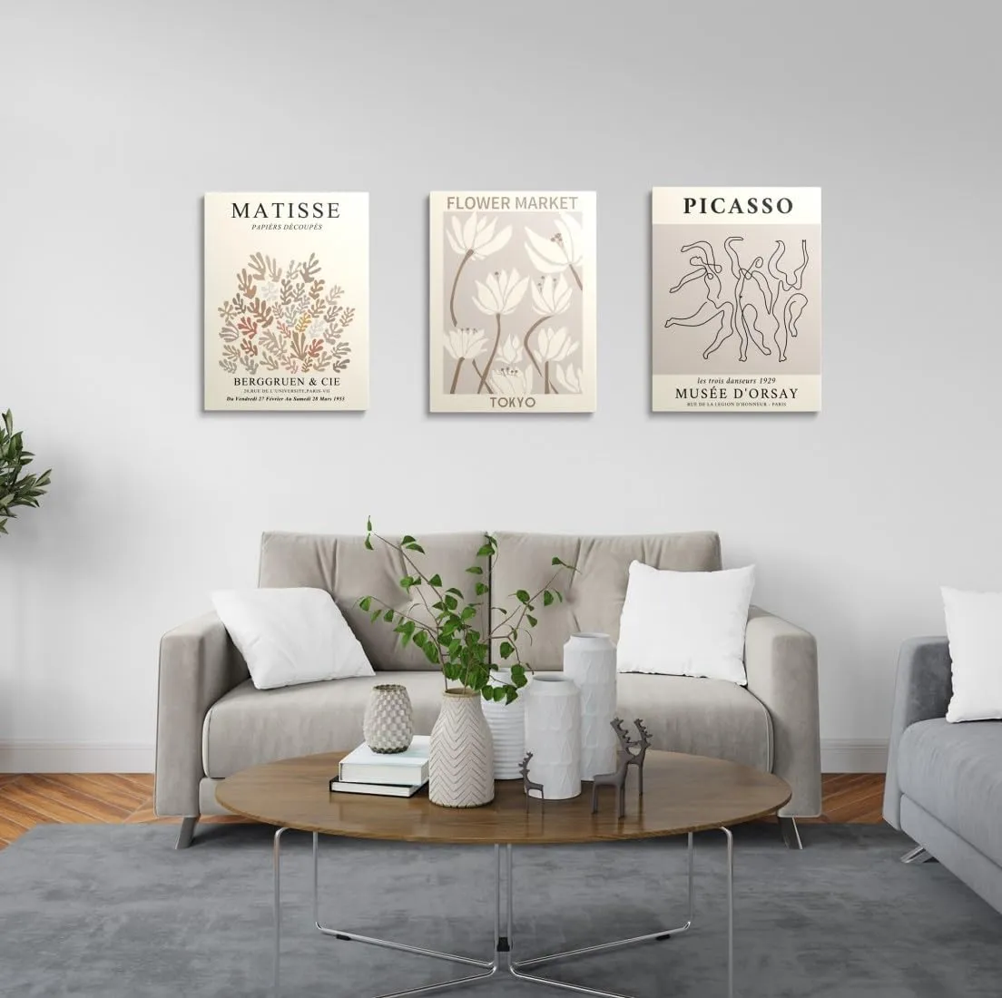 MINI ZOZI Matisse Wall Art Framed Flower Market Prints 12x16 3PCS Picasso Wall Decor Large Canvas Beige Posters Trendy Funky Aesthetic Abstract Line Minimalist Poster Danish Pastel Painting Bedroom Printing Neutral