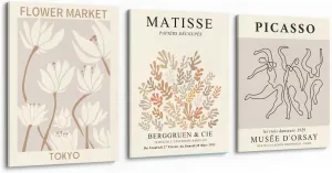 MINI ZOZI Matisse Wall Art Framed Flower Market Prints 12x16 3PCS Picasso Wall Decor Large Canvas Beige Posters Trendy Funky Aesthetic Abstract Line Minimalist Poster Danish Pastel Painting Bedroom Printing Neutral