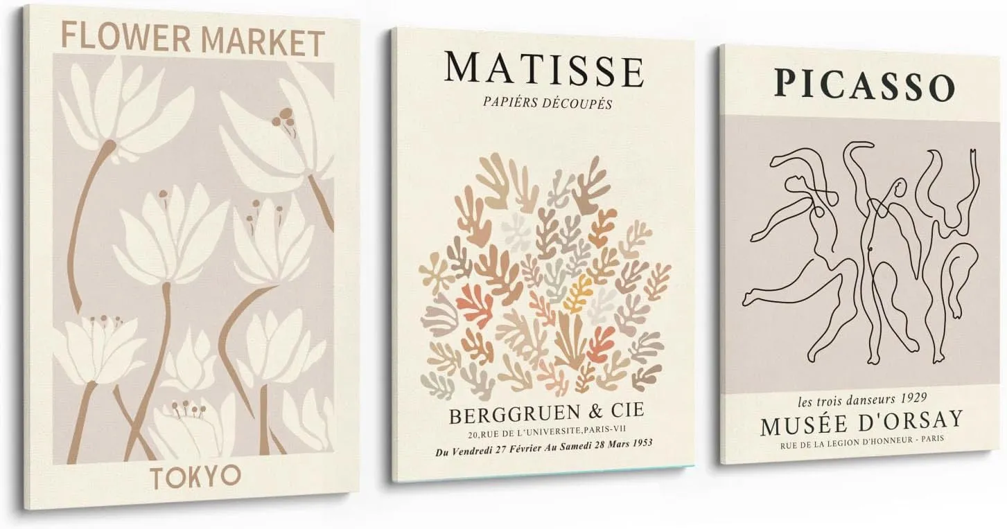 MINI ZOZI Matisse Wall Art Framed Flower Market Prints 12x16 3PCS Picasso Wall Decor Large Canvas Beige Posters Trendy Funky Aesthetic Abstract Line Minimalist Poster Danish Pastel Painting Bedroom Printing Neutral