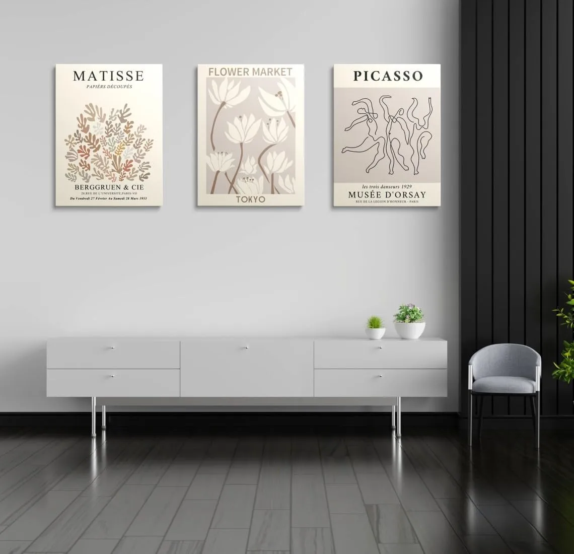 MINI ZOZI Matisse Wall Art Framed Flower Market Prints 12x16 3PCS Picasso Wall Decor Large Canvas Beige Posters Trendy Funky Aesthetic Abstract Line Minimalist Poster Danish Pastel Painting Bedroom Printing Neutral