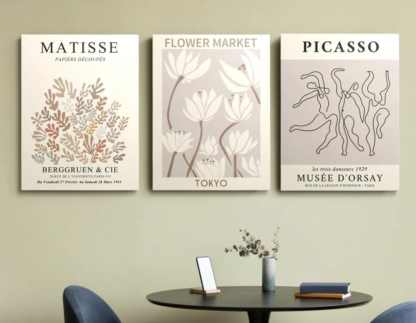 MINI ZOZI Matisse Wall Art Framed Flower Market Prints 12x16 3PCS Picasso Wall Decor Large Canvas Beige Posters Trendy Funky Aesthetic Abstract Line Minimalist Poster Danish Pastel Painting Bedroom Printing Neutral