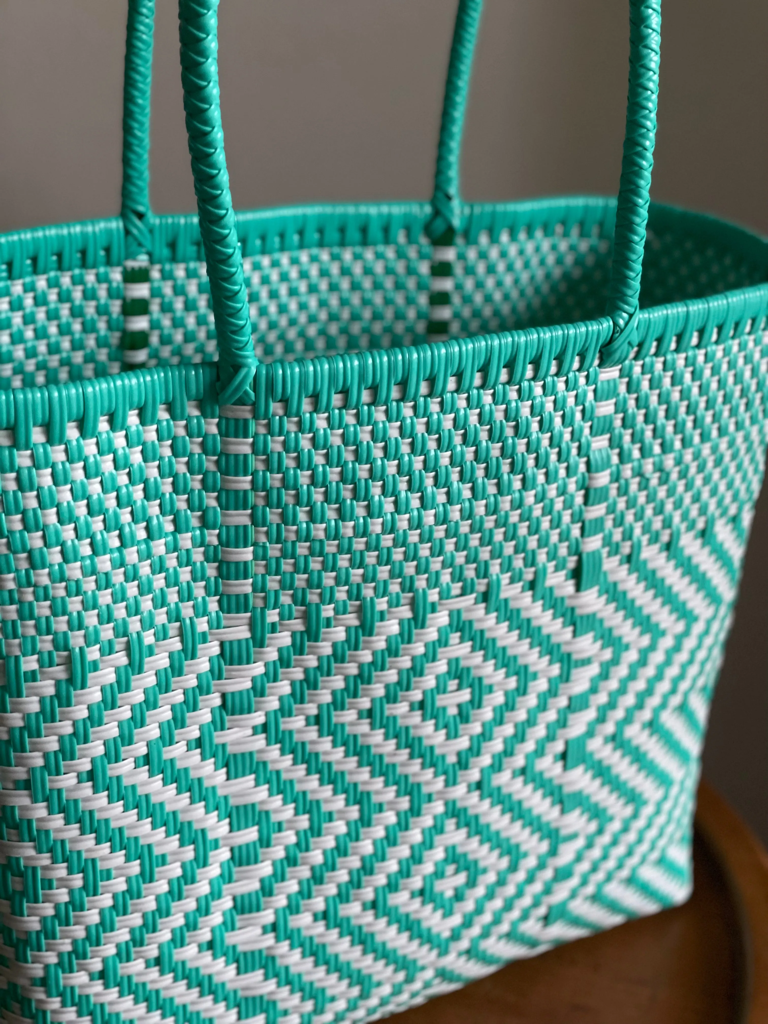 Mint Green and White Woven Tote