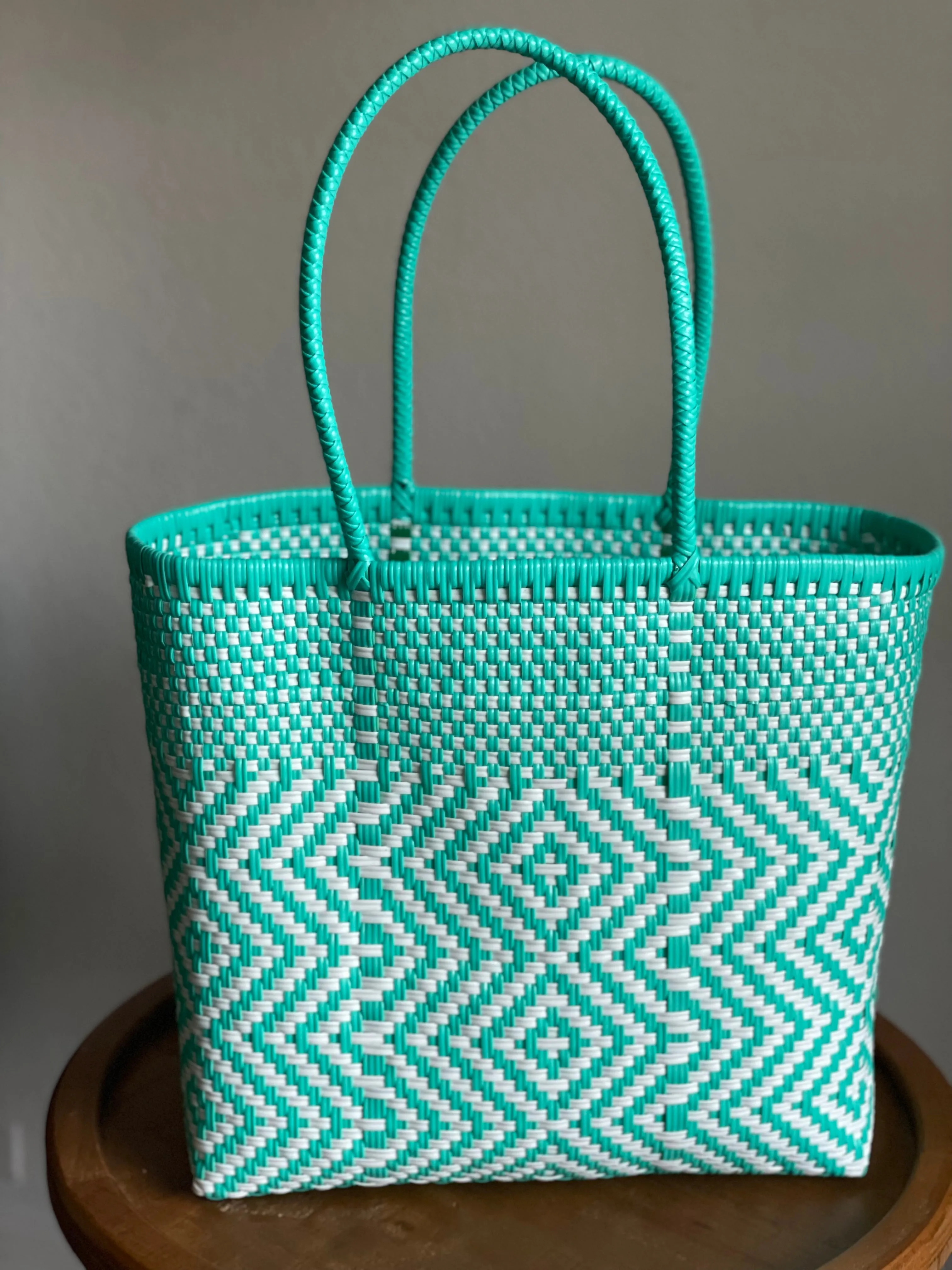 Mint Green and White Woven Tote
