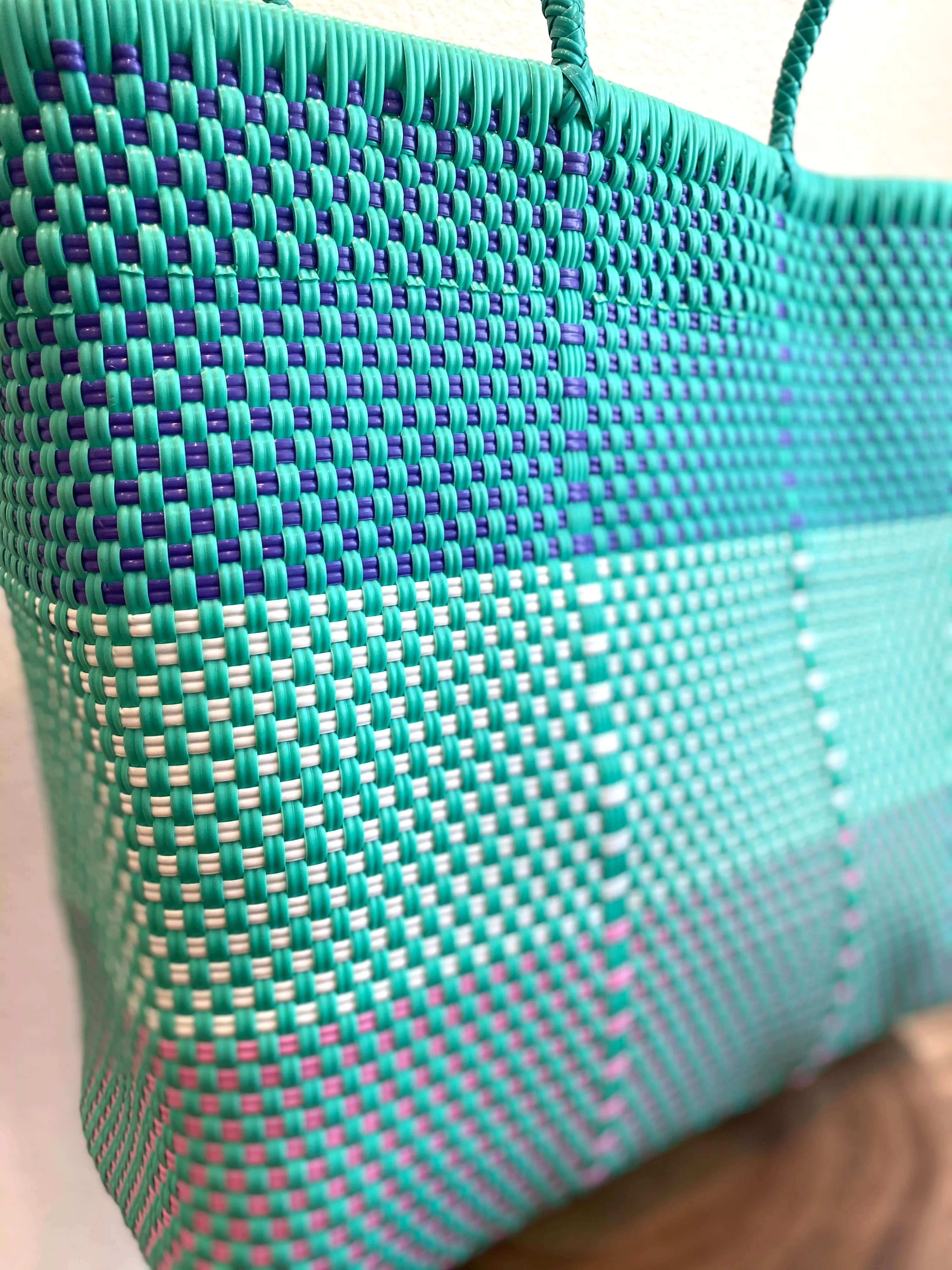 Mint Green, Blue and Pink Woven Tote