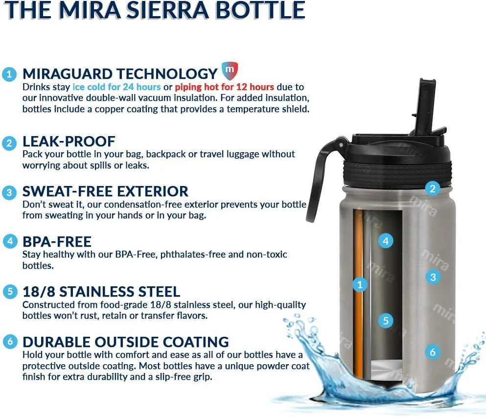 MIRA 2 Pack 12 oz Small Insulated Water Bottle for Cold Drinks | Leak-Proof Stainless Steel with Straw Lid for Travel, Hiking, Gym - Pink, Dino