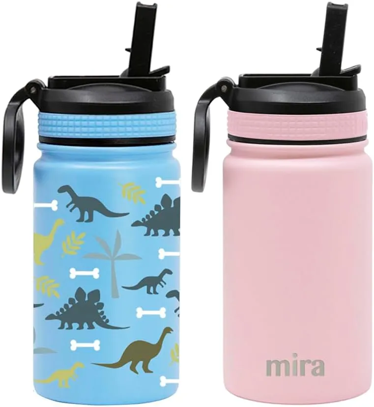 MIRA 2 Pack 12 oz Small Insulated Water Bottle for Cold Drinks | Leak-Proof Stainless Steel with Straw Lid for Travel, Hiking, Gym - Pink, Dino